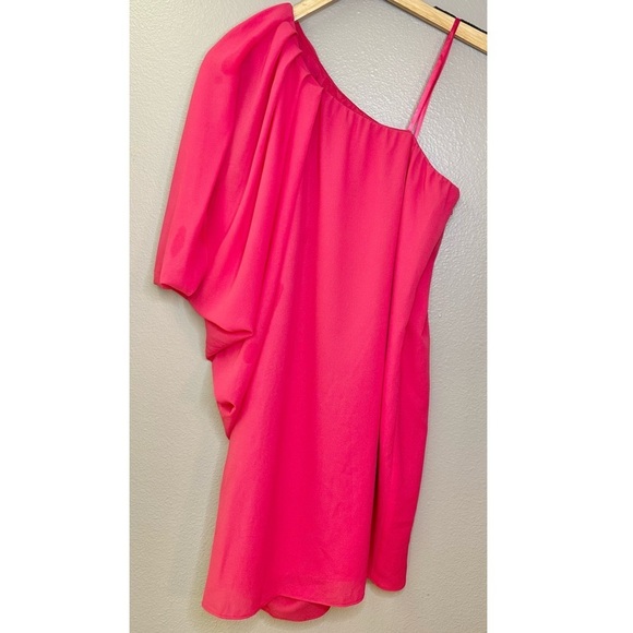 NWT Aidan Mattox One Shoulder Draped Flowy Lip Pink Mini Dress Party Bright Bold - Picture 9 of 9